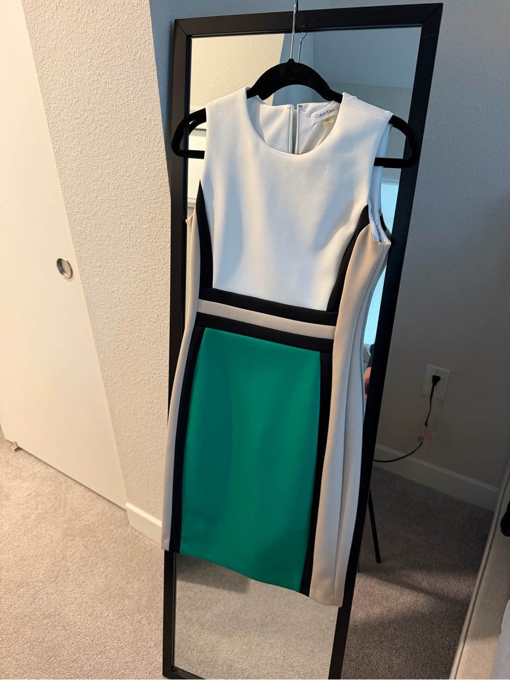 Calvin Klein White, Green & Black Colorblock Midi Sheath Dress